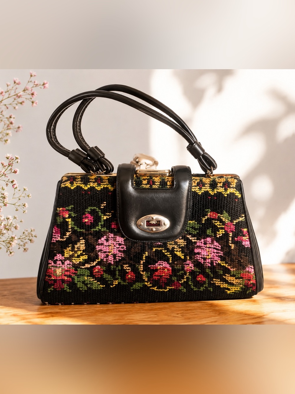 Vintage 1960s Tapestry Carpetbag Handbag – Floral Print – Classic 60s Fashion –